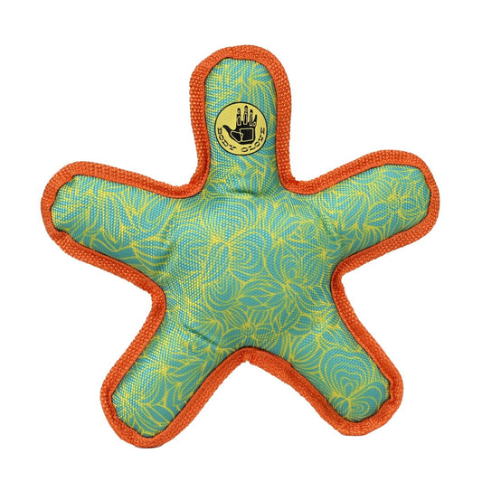 Star-shaped toy with green pattern and orange border on a white background