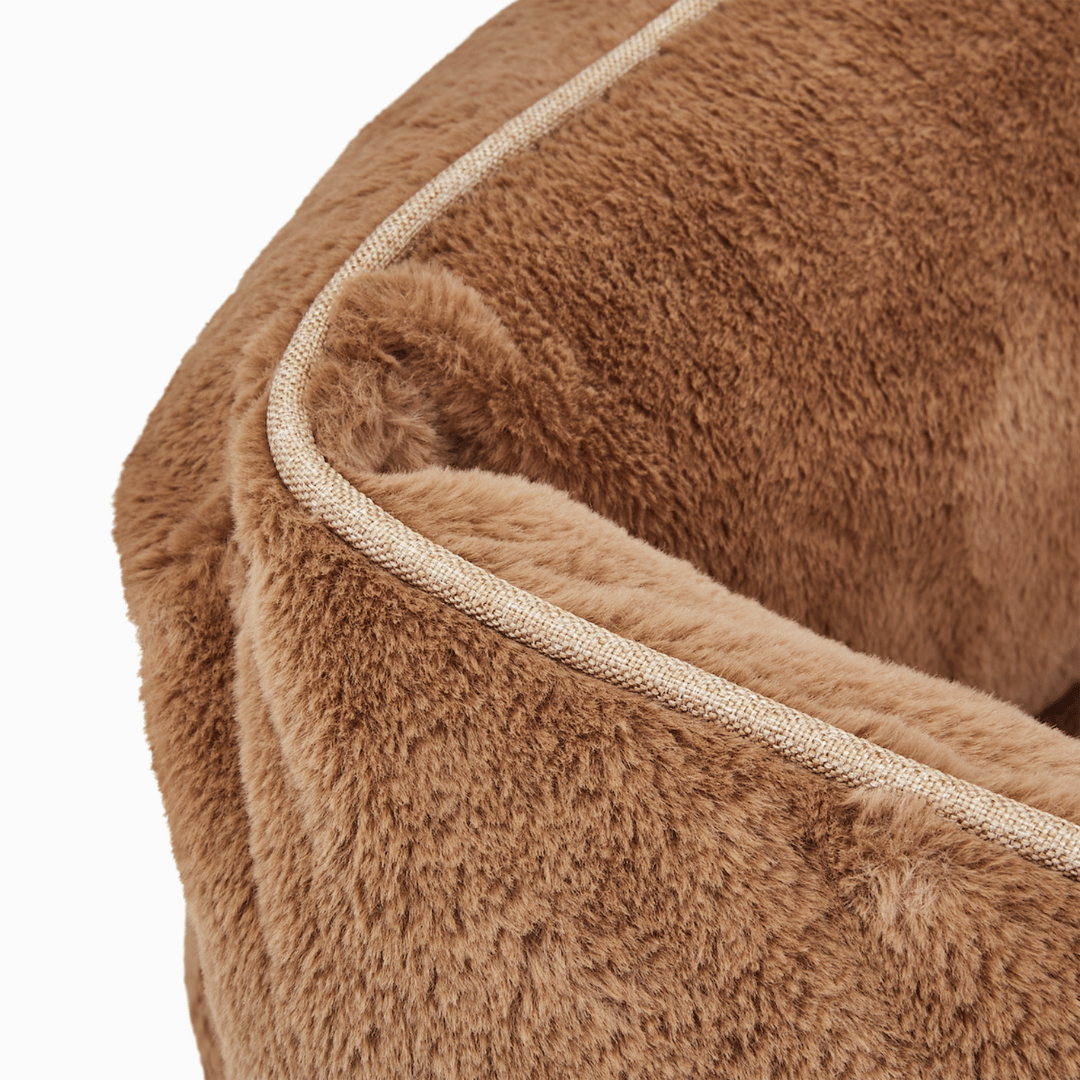 Close-up of a brown plush pet bed with a white border.