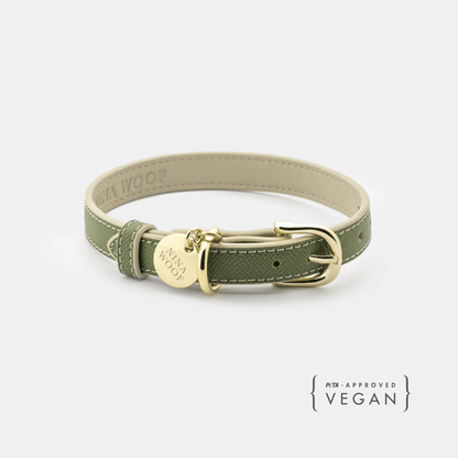 Green dog collar with gold buckle on a white background
