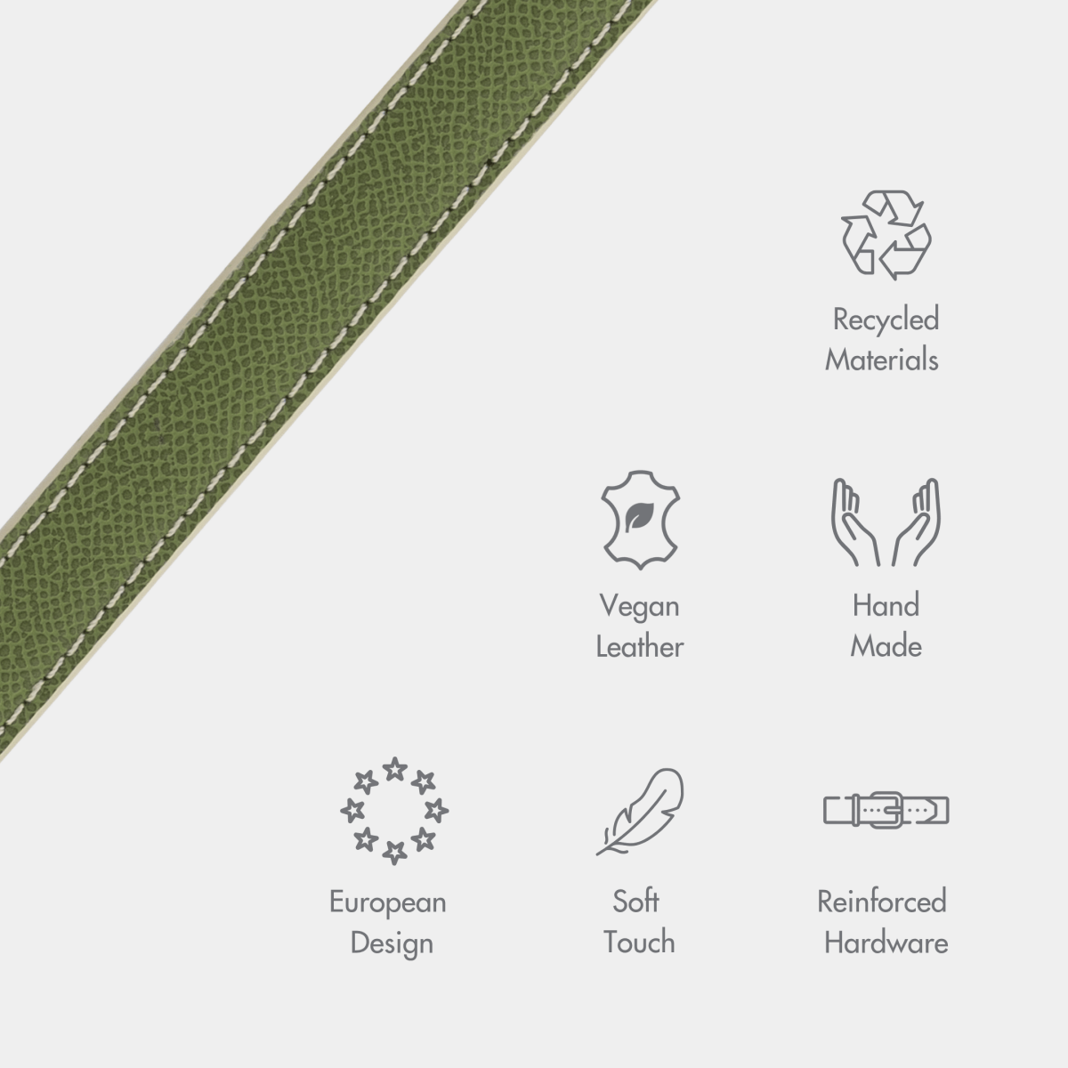 Green leather strap with sustainability icons on a white background