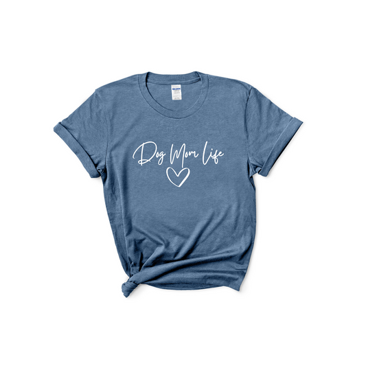 Blue t-shirt with 'Dog Mom Life' text on a white background