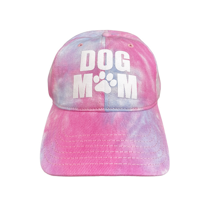 Pink and purple tie-dye cap with 'DOG MOM' text and paw print on a white background