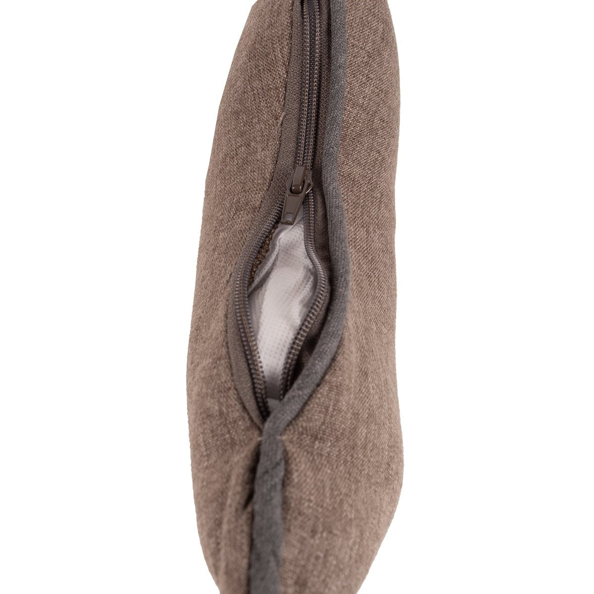 Brown fabric pouch with a zipper on a white background