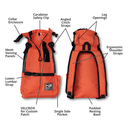 Orange safety vest with labeled features on a white background