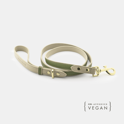 Dog leash with green and beige design on a white background