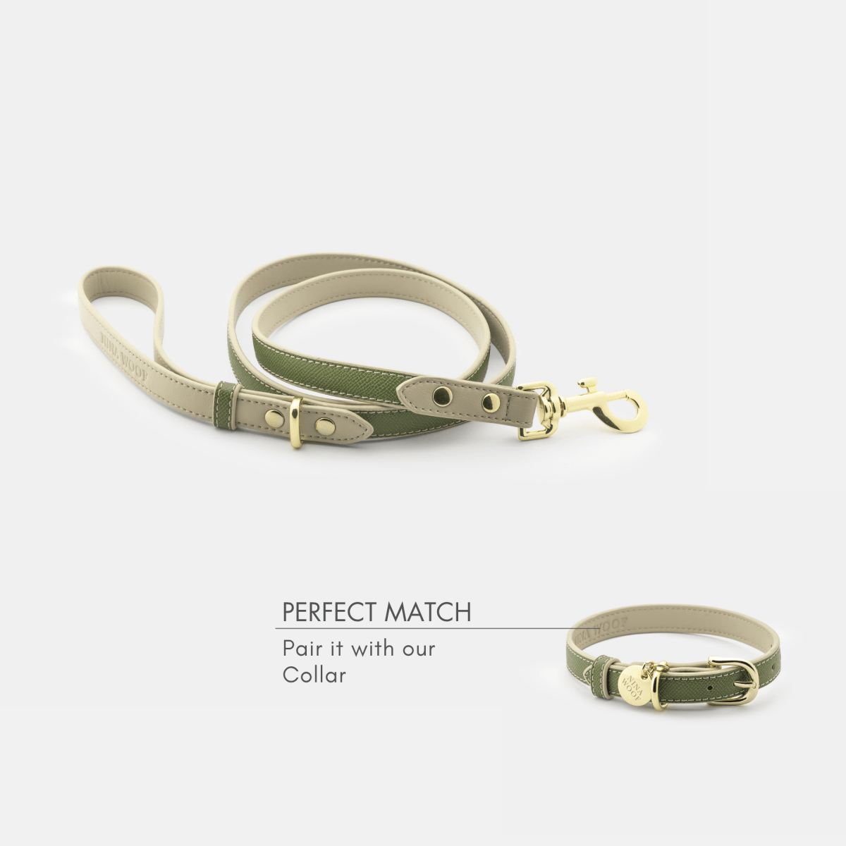 Green dog collar and leash set on a white background with text 'Perfect Match'.