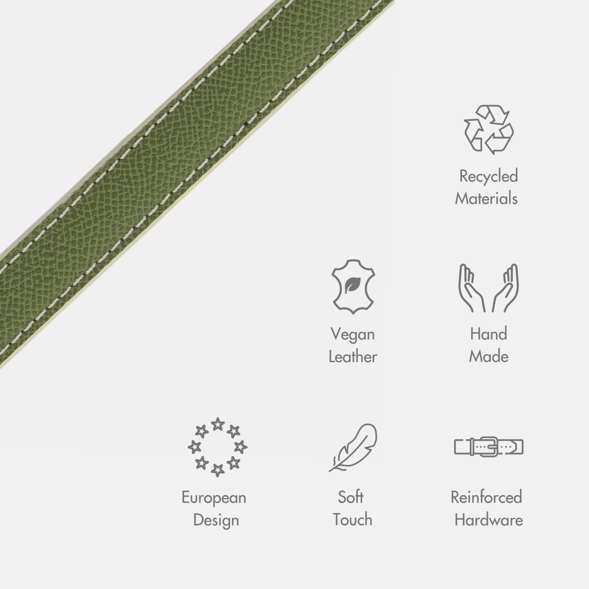 Green leather strap with sustainability icons on a white background