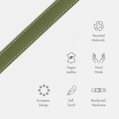 Green leather strap with sustainability icons on a white background