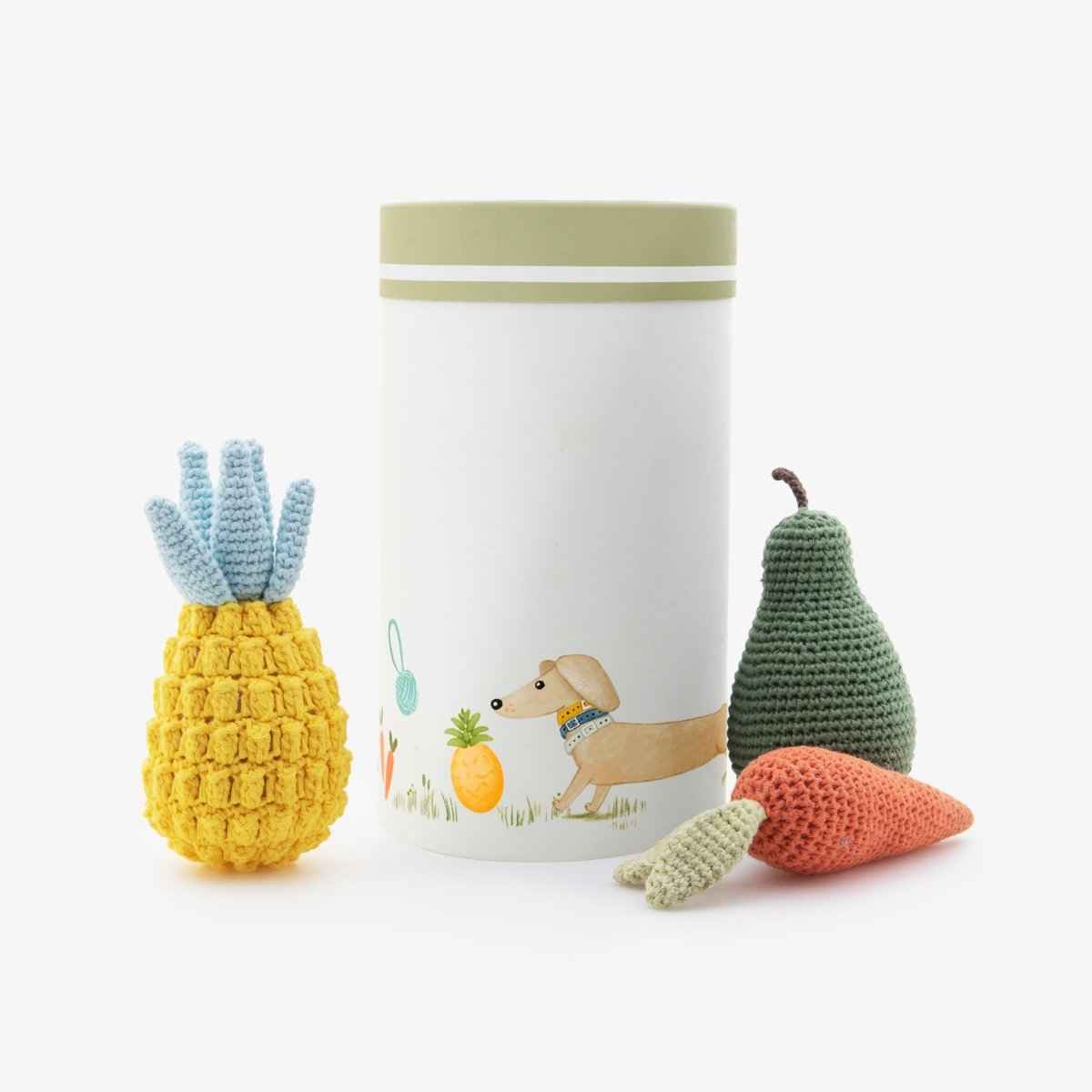 Organic Veggie Toys Bundle next to cylinder box on white background