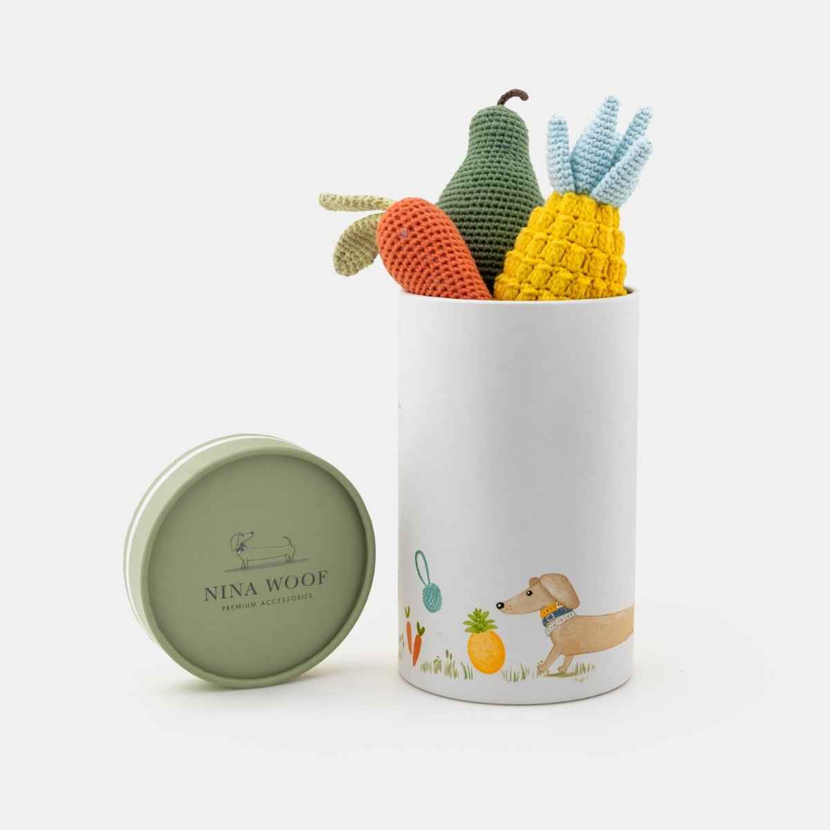Organic Veggie Toys Bundle in cylinder box on white background