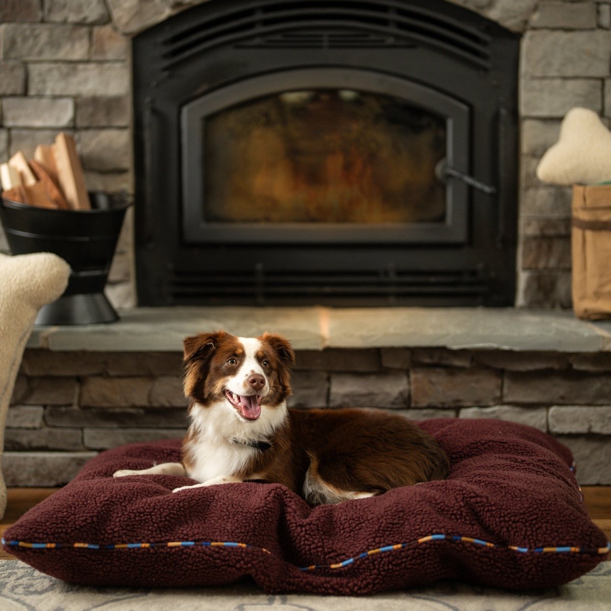 Dog sitting on a brown dog bed in front of a fireplace.