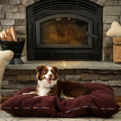 Dog sitting on a brown dog bed in front of a fireplace.