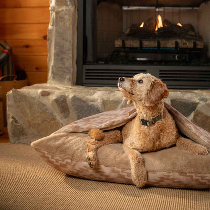 Pendleton Burrow Bed in tan design with brown dog inside sitting in front of fireplace