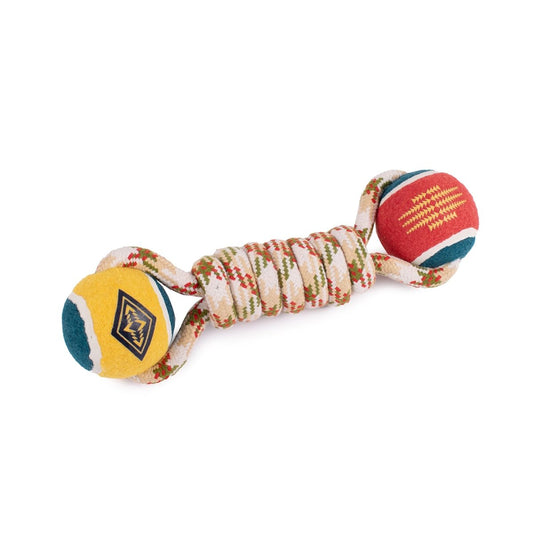 Dog toy with colorful balls and a rope on a white background