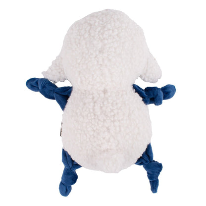 Back of White plush sheep dog toy with blue limbs on a white background