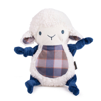 Plush dog toy sheep with a plaid body on a white background