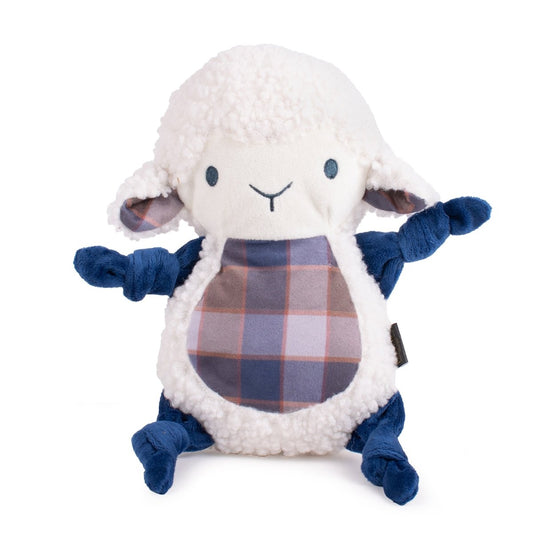 Plush dog toy sheep with a plaid body on a white background