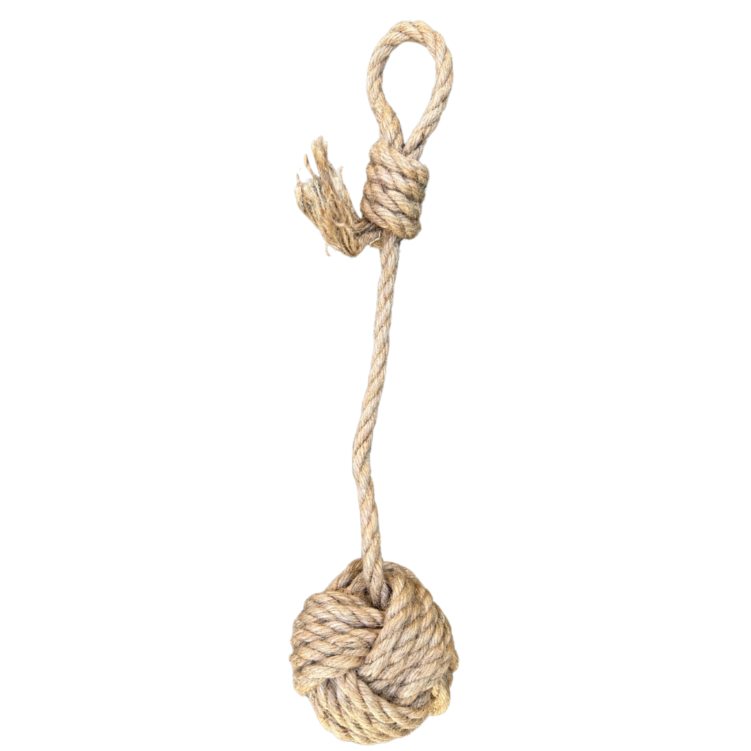 Large Hemp rope dog toy with a knot on a white background