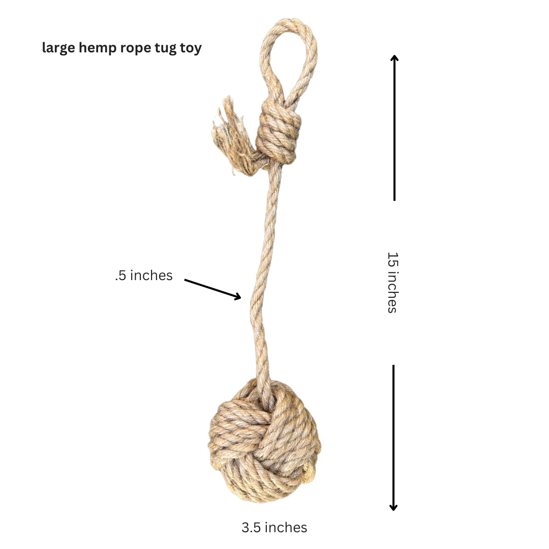 Hemp rope tug toy with measurements on a white background