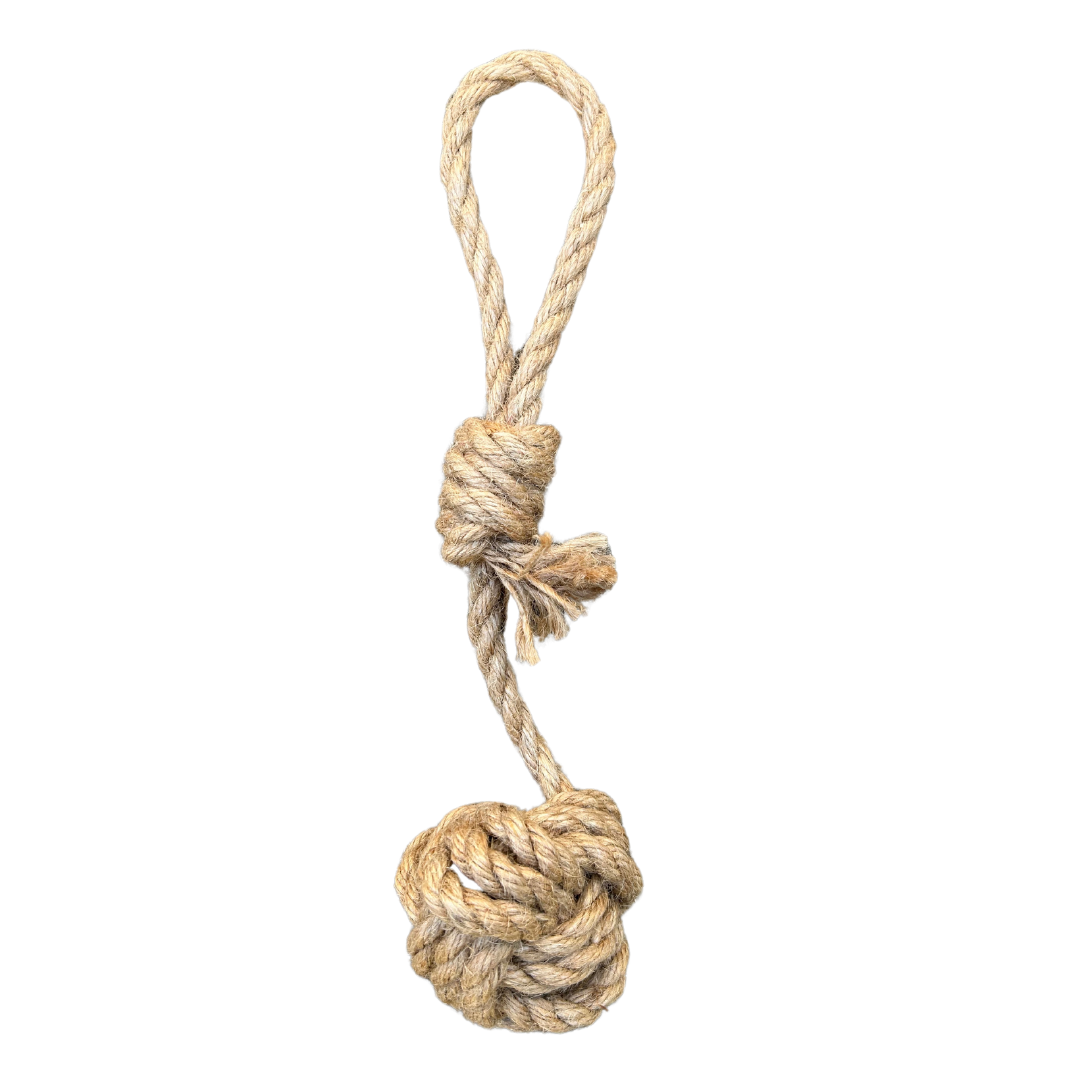 Medium Hemp rope dog toy with a knot on a white background
