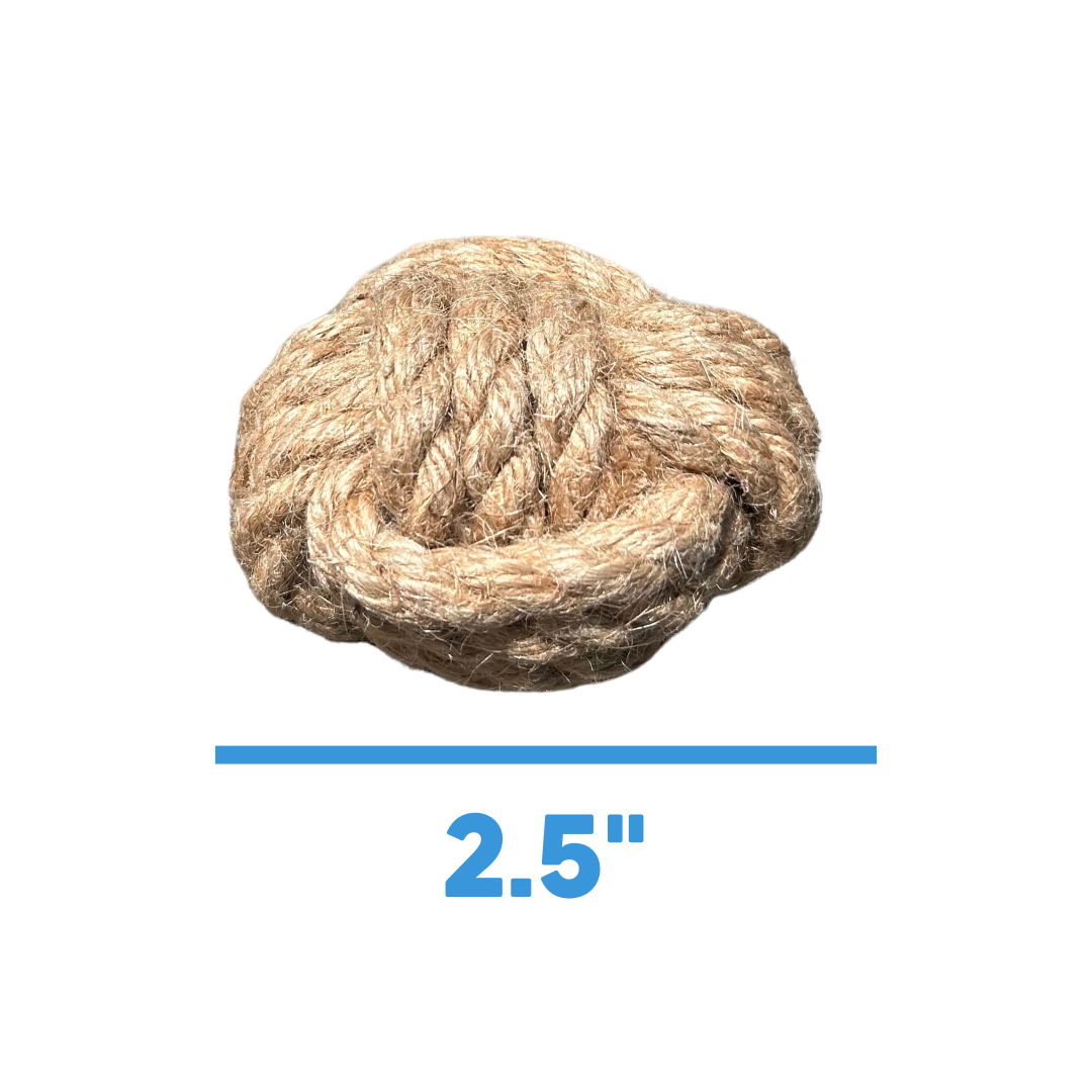 Natural fiber ball with a measurement label on a white background