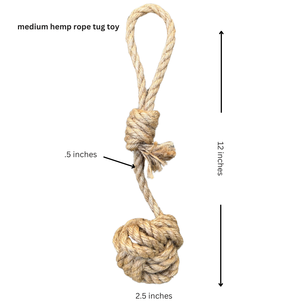 Hemp rope tug toy with measurements on a white background