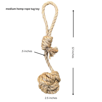 Hemp rope tug toy with measurements on a white background