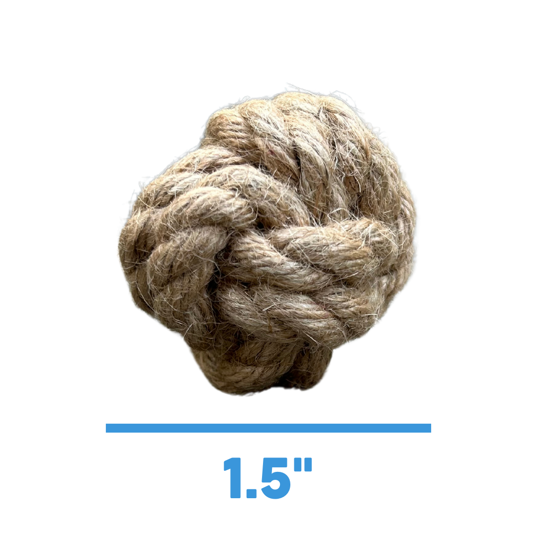 Natural rope knot toy with measurement label on a white background