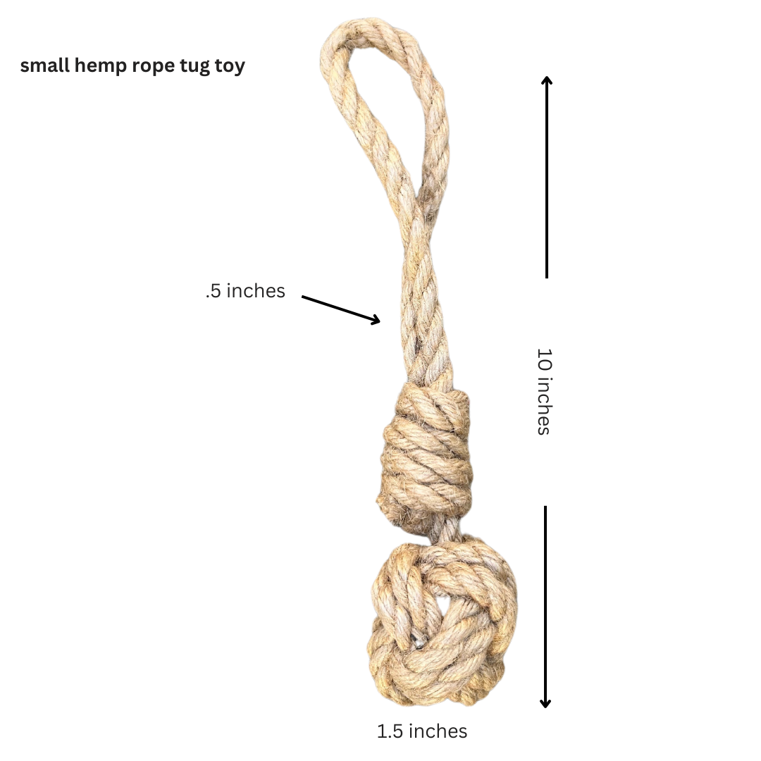 Small hemp rope tug toy with measurements on a white background