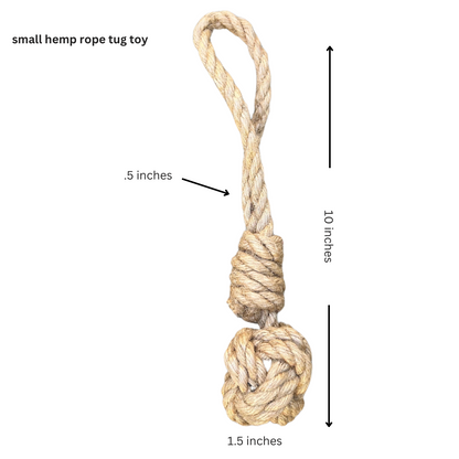 Small hemp rope tug toy with measurements on a white background