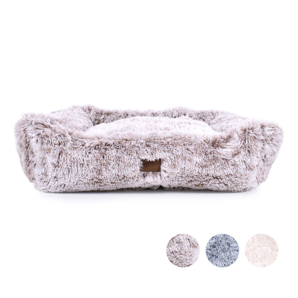 Fluffy pet bed with a brand logo on a white background