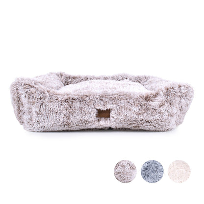 Fluffy pet bed with a brand logo on a white background