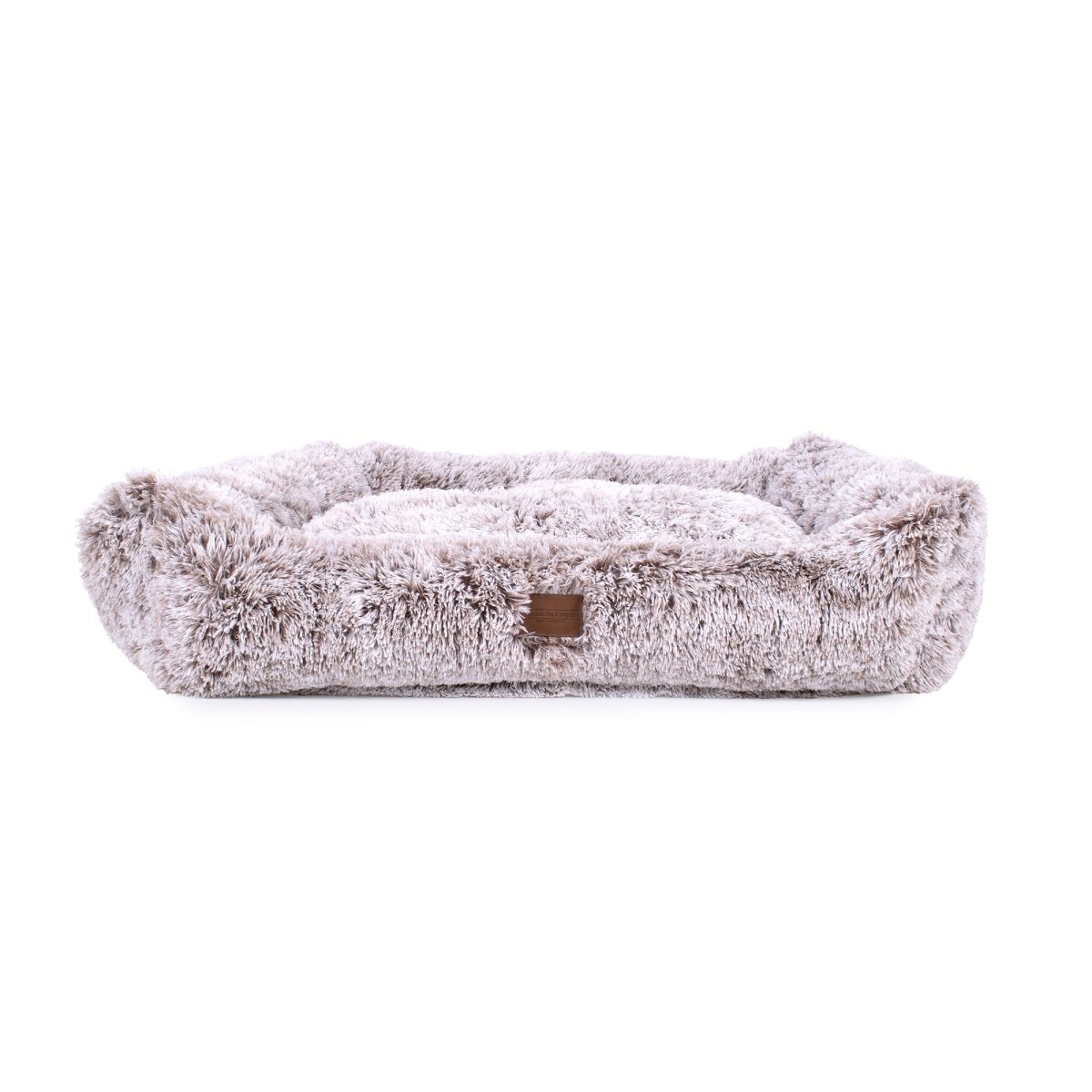 Fluffy pet bed with a brand logo on a white background