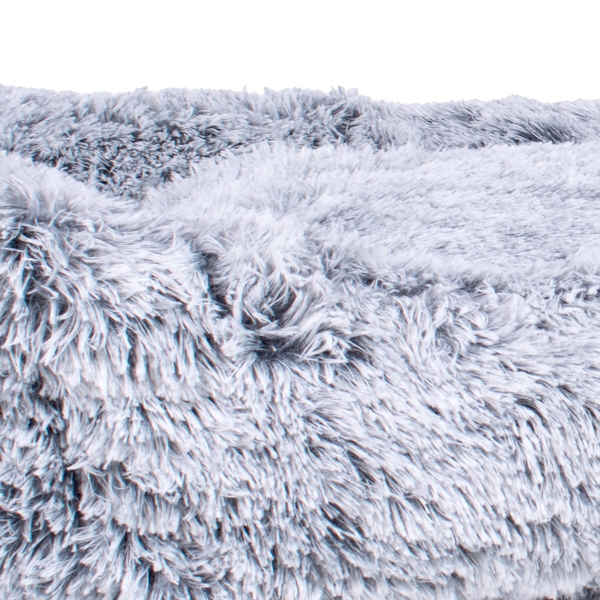 Close-up of a textured gray white pet bed with a fluffy texture