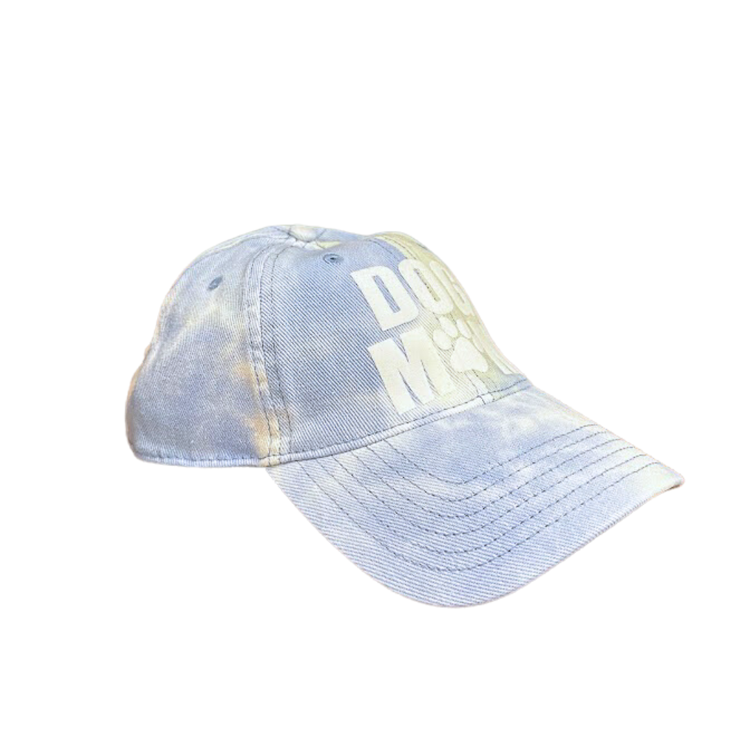 Blue tie-dye cap with white text on a white background