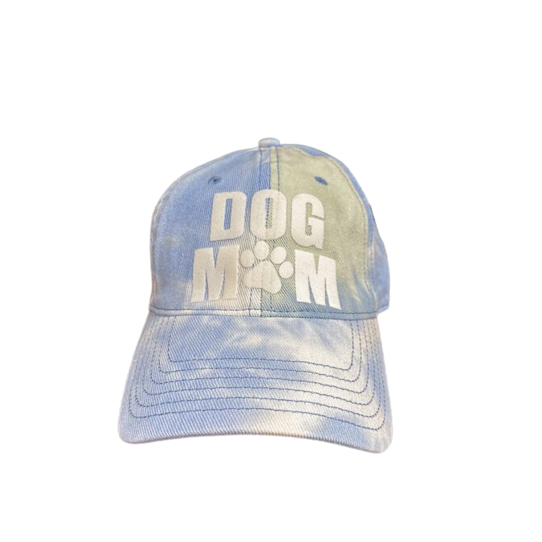 Blue and white distressed cap with 'DOG MOM' text on a white background