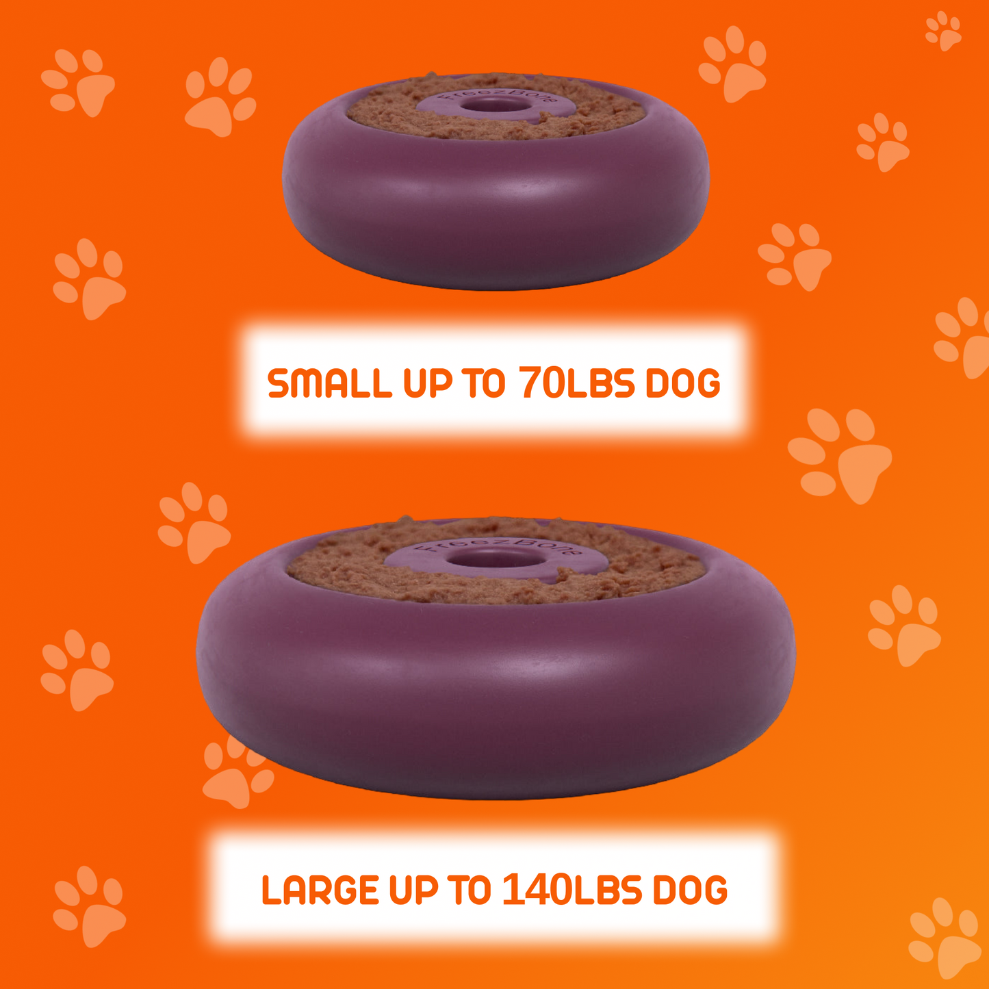 Purple dog bowls with size labels on an orange background with paw prints.