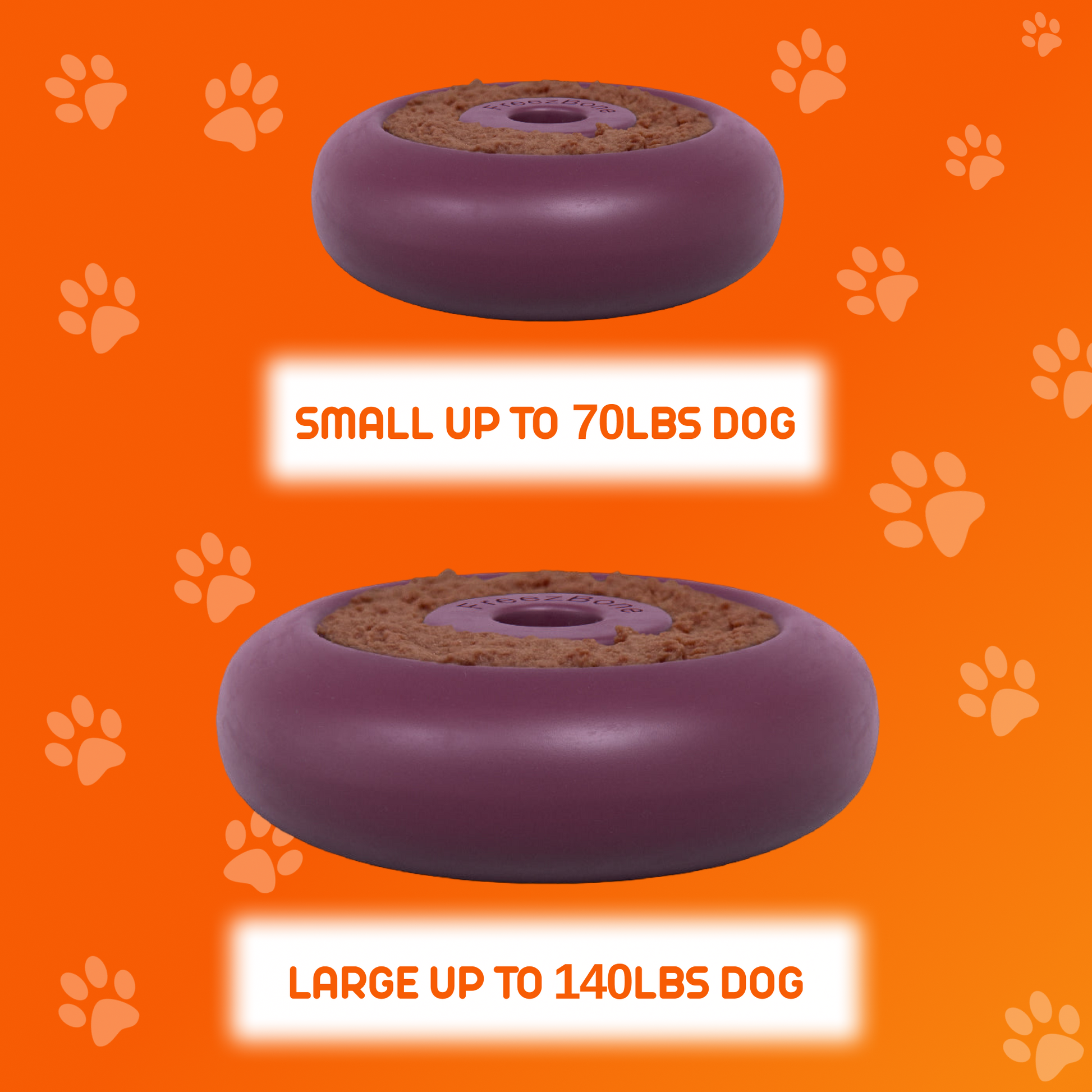 Purple dog bowls with size labels on an orange background with paw prints.