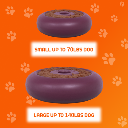 Purple dog bowls with size labels on an orange background with paw prints.