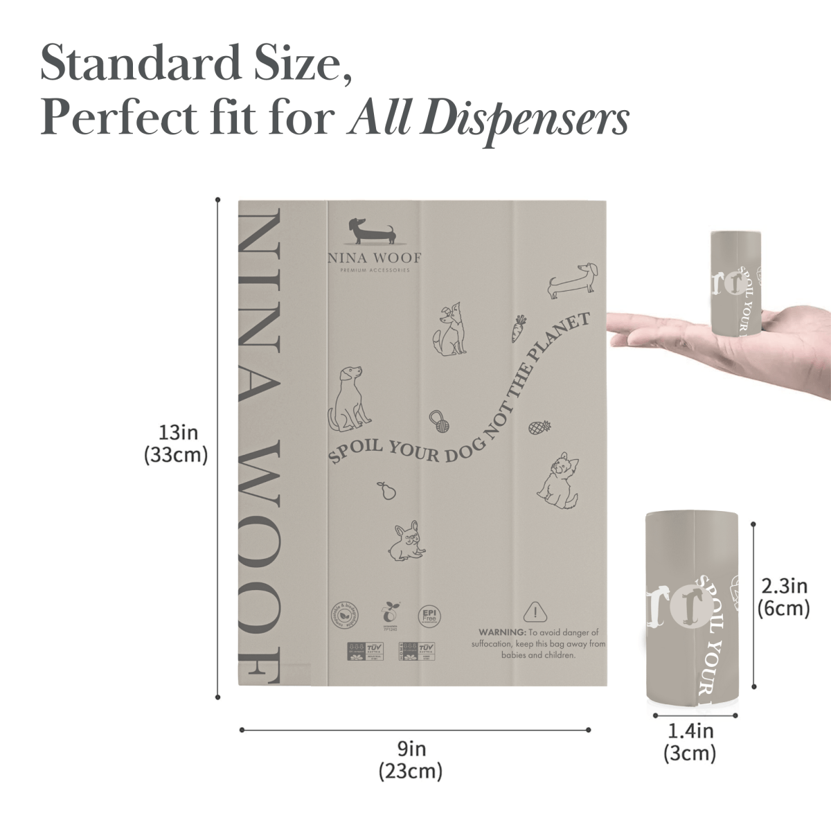 Nina Wood product packaging with dimensions and branding details on a white background