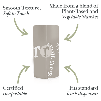 Gray pet waste bag with text describing its features on a white background