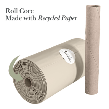 Two rolls of waste bag paper with a label on a white background, indicating they are made with recycled paper.